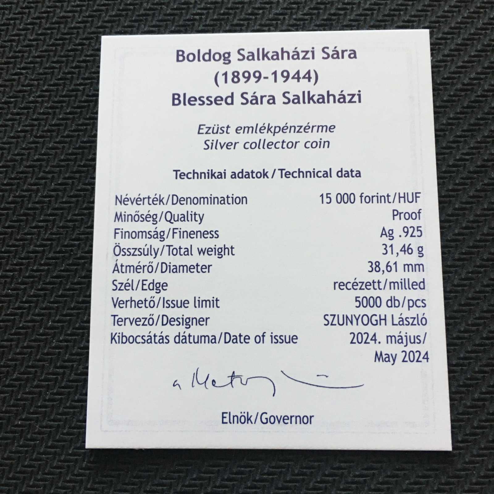 2024 Boldog Salkaházi Sára születésének 125. évfordulója 15000 Ft ezüst emlékpénzérme PP - Image 2